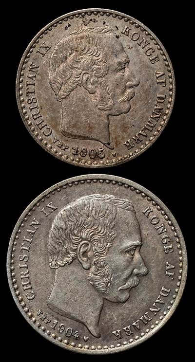 修遠堂世界钱币第103期 - 丹麦克里斯蒂安九世时期海豚10，25欧尔银币各一枚，好品