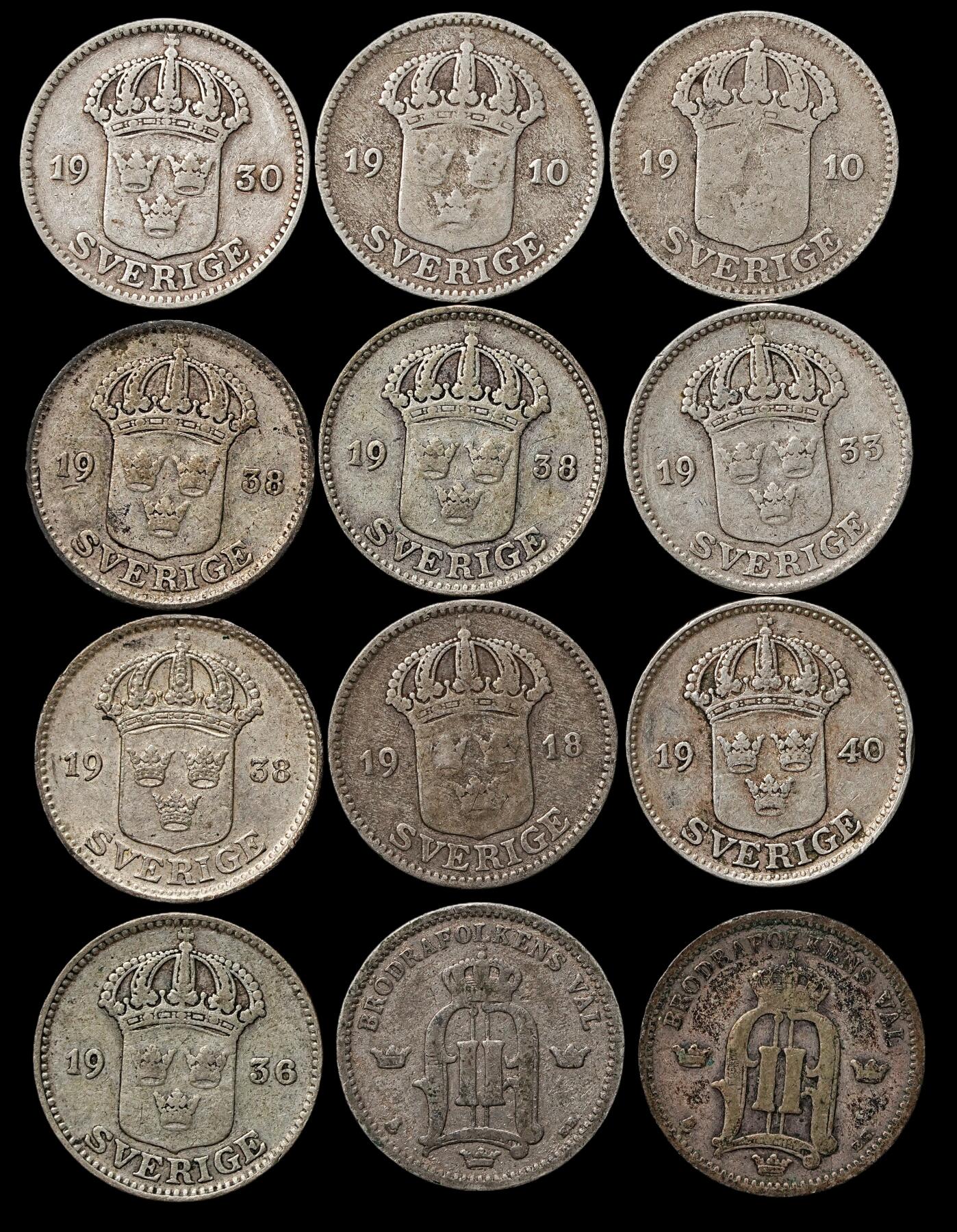 修遠堂世界钱币第103期 瑞典25欧尔银币一组，总重28.41g，含银60%