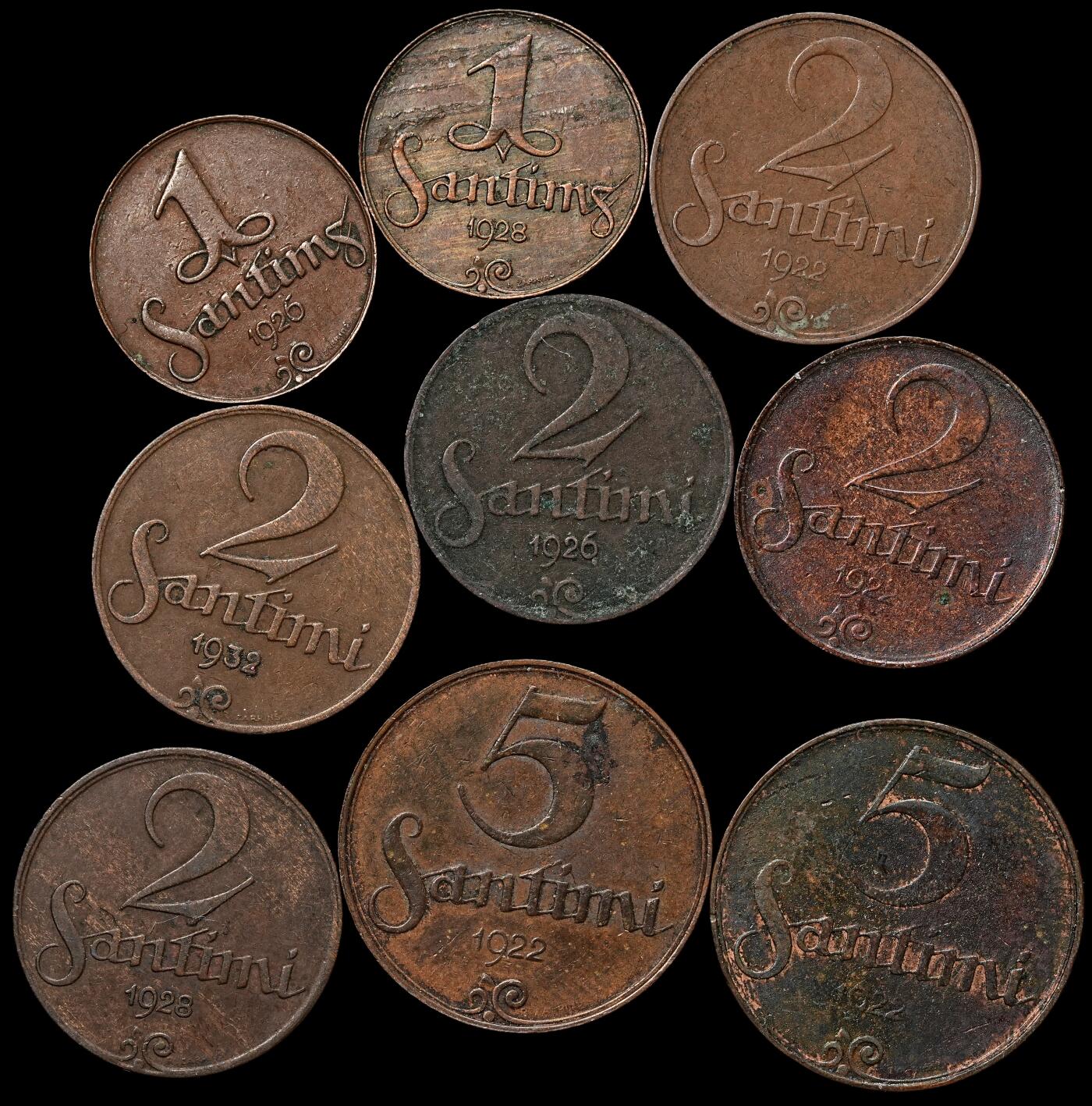 修遠堂世界钱币第103期 拉脱维亚共和国1，2，5桑提姆（Santīmi）铜币一组