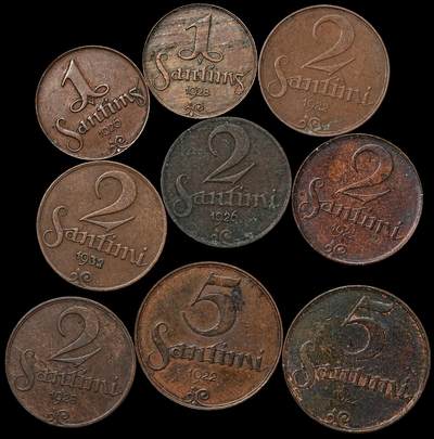 修遠堂世界钱币第103期 - 拉脱维亚共和国1，2，5桑提姆（Santīmi）铜币一组
