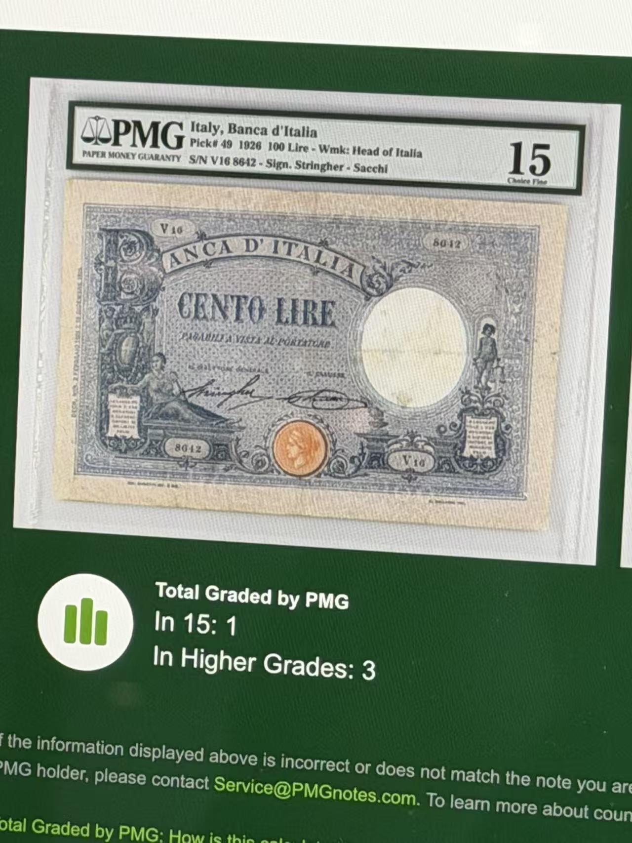 2026二月第一期，总215期 意大利1928年100里拉AUNC有孔洞，早期大票幅中高面值品种，无红字无边字版本比二战时简化印刷版本更少见