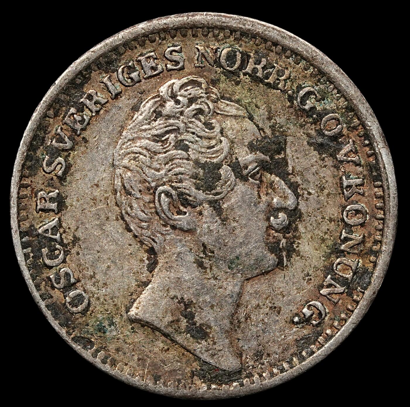 修遠堂世界钱币第103期 1855年瑞典1/16泰勒银币，2.11g，含银75%