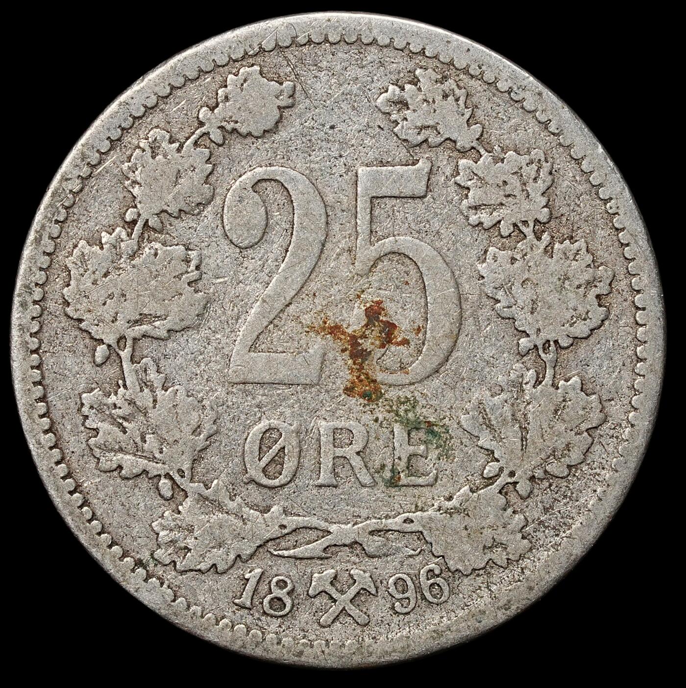 修遠堂世界钱币第103期 1896年挪威25欧尔银币，2.30g，少见品种