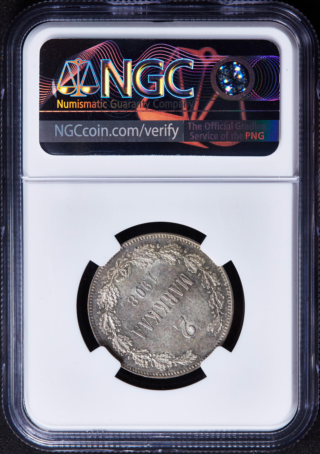 【俄甄集藏】马年新春第一拍 2026年(048)02-25星期三 晚 19:30 全场包邮 俄属芬兰1908年尼古拉二世L版2马克银币，NGC MS62，黄油彩转光品相，MS稀少