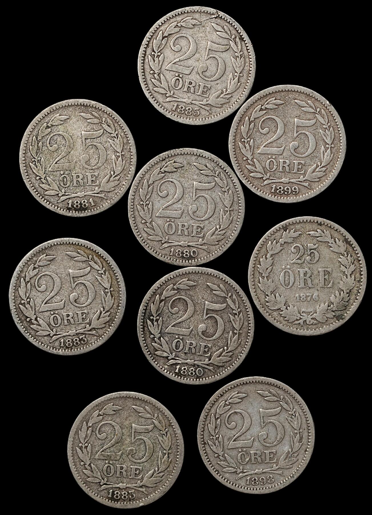 修遠堂世界钱币第103期 19世纪瑞典25欧尔银币一组，总重20.46g，含银60%，部分年份少见