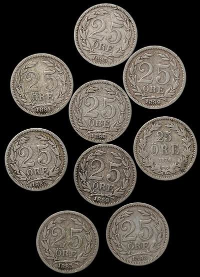 修遠堂世界钱币第103期 - 19世纪瑞典25欧尔银币一组，总重20.46g，含银60%，部分年份少见