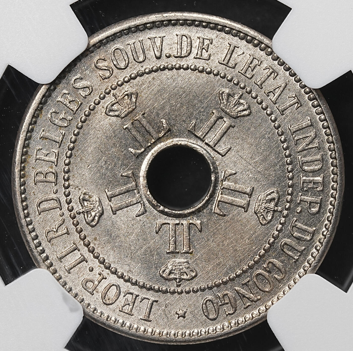 修遠堂世界钱币第103期 NGC MS63 1906年刚果自由邦中孔10分，年份少见