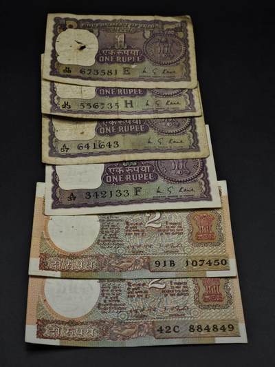 【淘币小摊】实时拍第八百五十九拍   无佣金福利纸币场   满百包邮可预留二周 每周一统一发货   - 印度1-2卢比纸币6张【有折】