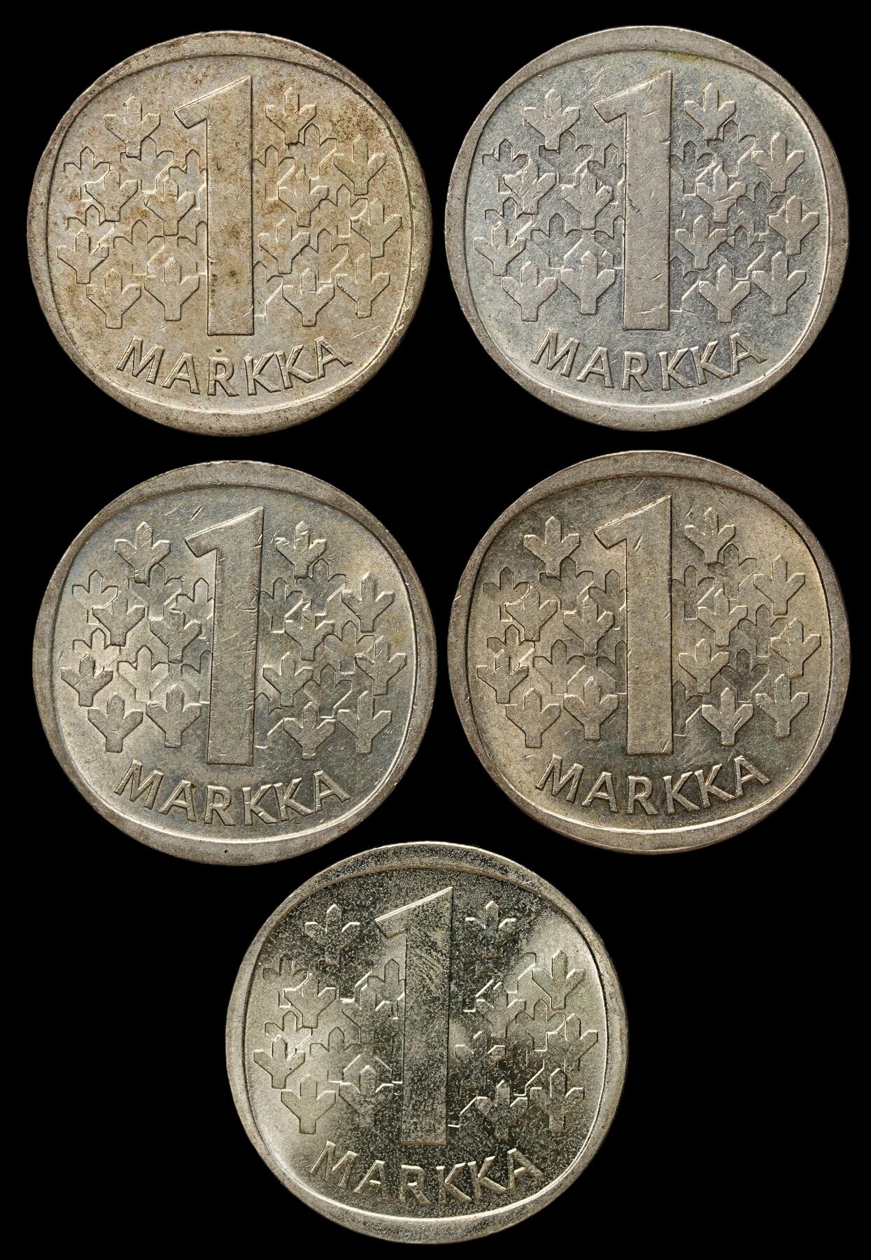 修遠堂世界钱币第103期 1964-1968年芬兰1马克银币5枚，总重32g，含银35%