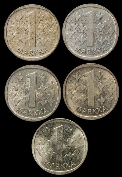 修遠堂世界钱币第103期 - 1964-1968年芬兰1马克银币5枚，总重32g，含银35%