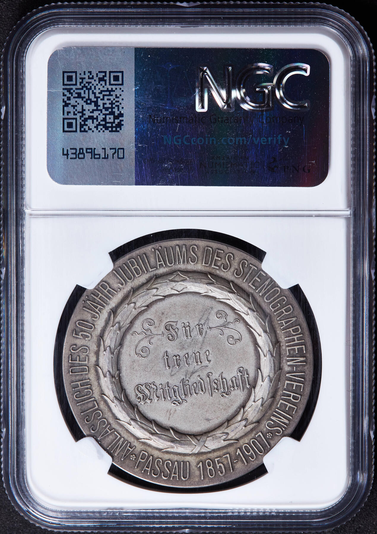 【俄甄集藏】马年新春第一拍 2026年(048)02-25星期三 晚 19:30 全场包邮 德国1907年纪念帕绍市速记协会成立50周年大银章，NGC MS62，少见品种，设计精美，直径：40mm