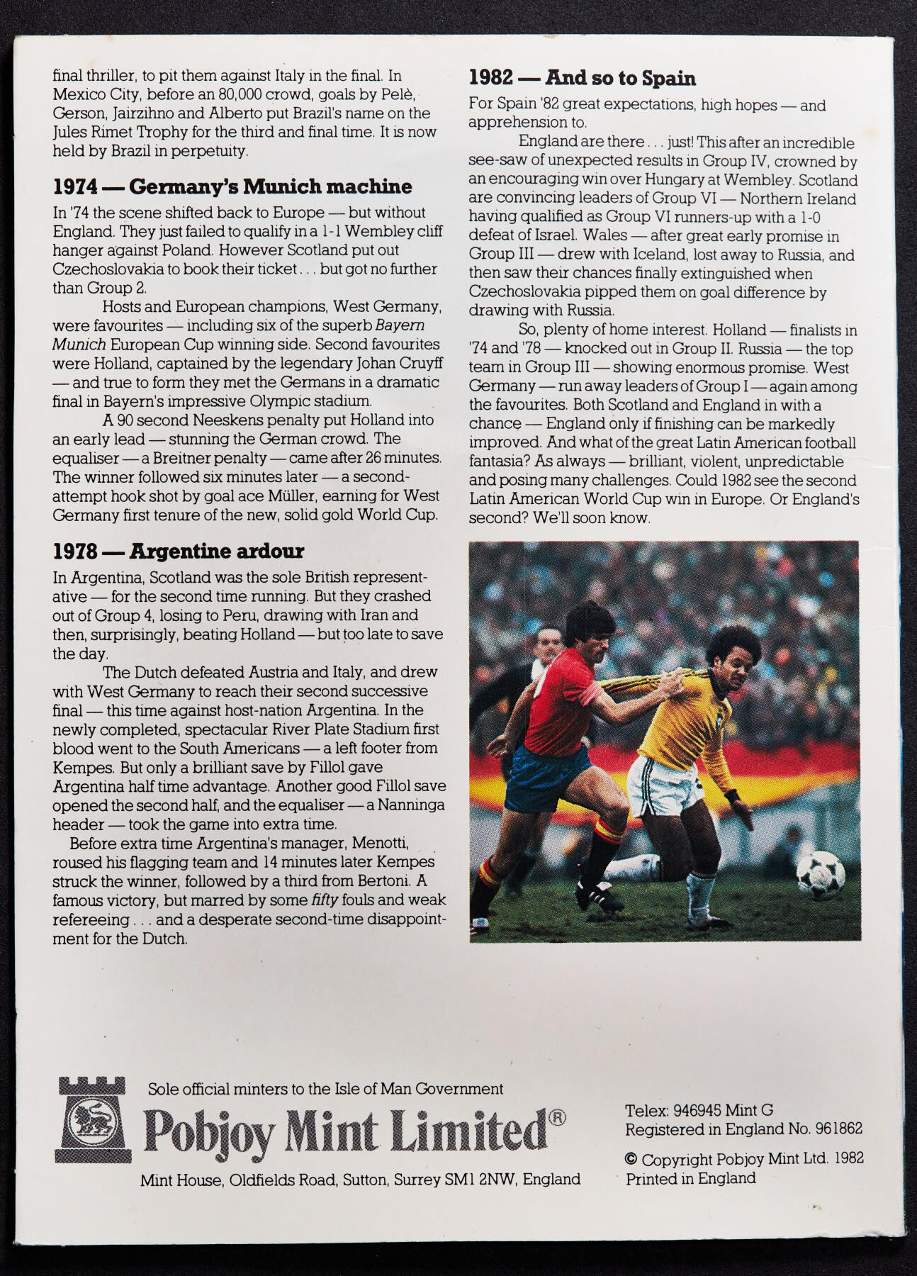 【俄甄集藏】马年新春第一拍 2026年(048)02-25星期三 晚 19:30 全场包邮 英属马恩1982年纪念西班牙世界杯1克朗精制大银币，卡装，重28.28克，925银，发行量15000枚，币有氧化