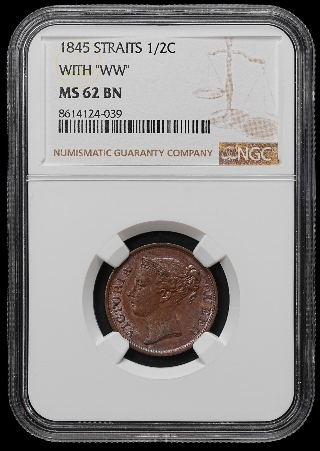 修遠堂世界钱币第103期 NGC MS62BN 1845年海峡-东印度公司1/2分铜币，少见的品种