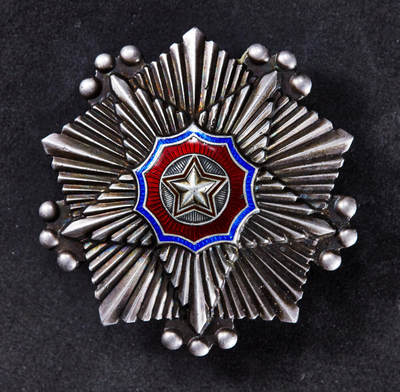 【俄甄集藏】马年新春第一拍 2026年(048)02-25星期三 晚 19:30 全场包邮 - 朝鲜三级国旗勋章，银质局部珐琅，大轮版，68013号，直径：50mm，重量：45.73克，保存完好，包浆亮眼