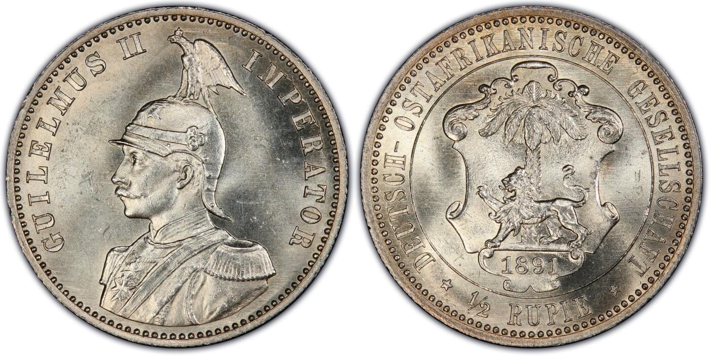 万国钱币拍卖第060期（万国六十期纪念大拍） PCGS MS64 1891德属东非威廉二世戎装1/2卢比银币 经典东非小狮子 银霜转光收藏级品质