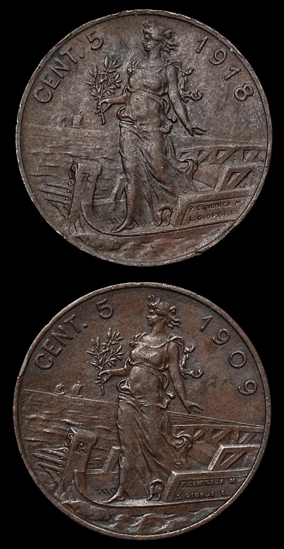 修遠堂世界钱币第103期 意大利5分铜币2枚