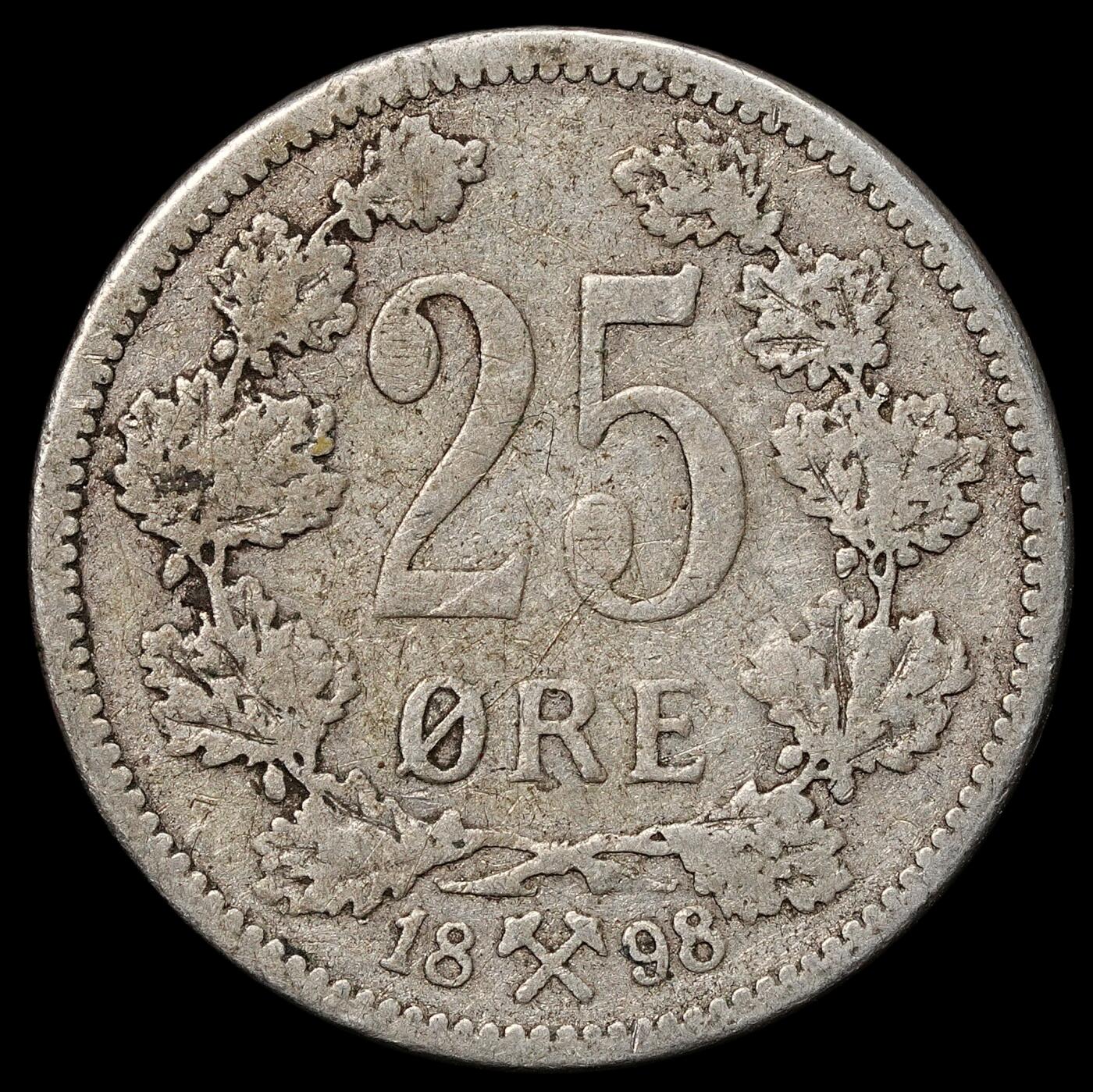 修遠堂世界钱币第103期 1898年挪威25欧尔银币，2.35g，少见品种