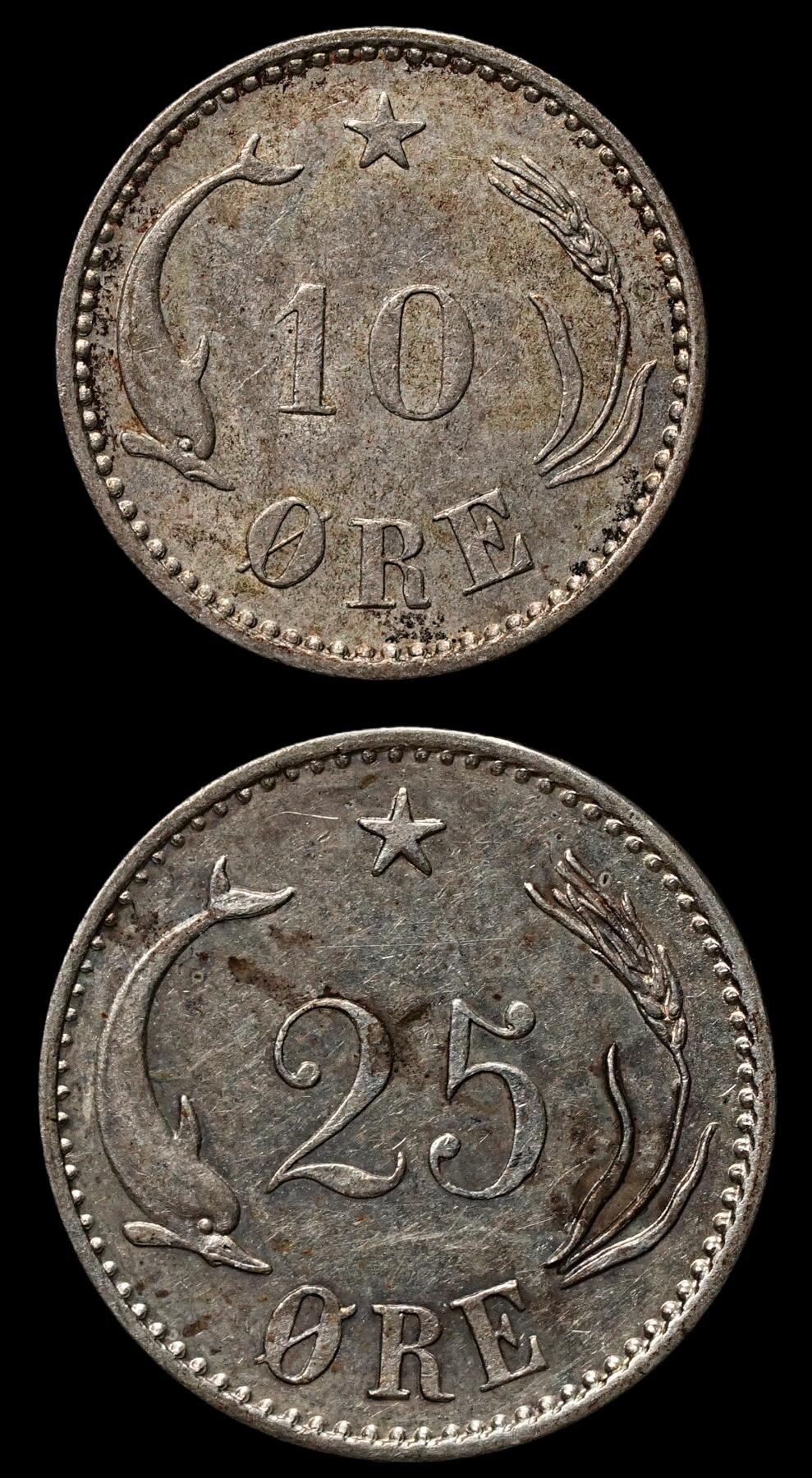 修遠堂世界钱币第103期 丹麦克里斯蒂安九世时期海豚10，25欧尔银币各一枚，好品