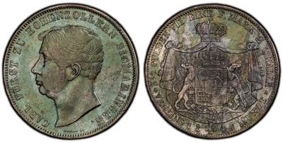 万国钱币拍卖第060期（万国六十期纪念大拍） - PCGS AU53 1847德国霍亨索伦-西格玛宁根纹章2泰勒 邦国2t大名誉品种 1847关门年份 发行量仅2000枚 极具特色的纹章设计 双面厚重祖母绿包浆也难掩其底光迸发 观感远超分数的状态 收藏级品质