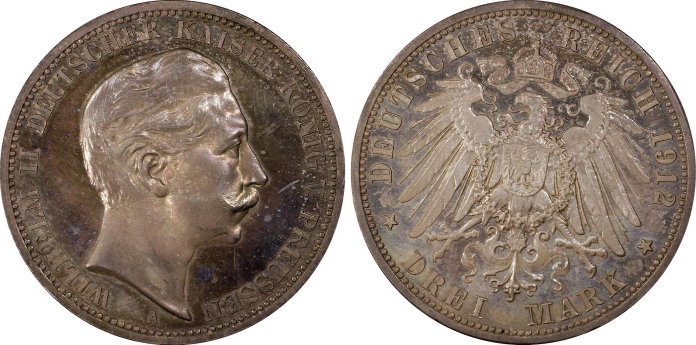 万国钱币拍卖第060期（万国六十期纪念大拍） PCGS PR65 1912普鲁士威廉二世精制长翅3马克 如同浩瀚宇宙般的绚烂星空包浆 镜面精铸高浮雕喷砂质感 无法用分数衡量的顶级视觉享受