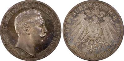 万国钱币拍卖第060期（万国六十期纪念大拍） - PCGS PR65 1912普鲁士威廉二世精制长翅3马克 如同浩瀚宇宙般的绚烂星空包浆 镜面精铸高浮雕喷砂质感 无法用分数衡量的顶级视觉享受