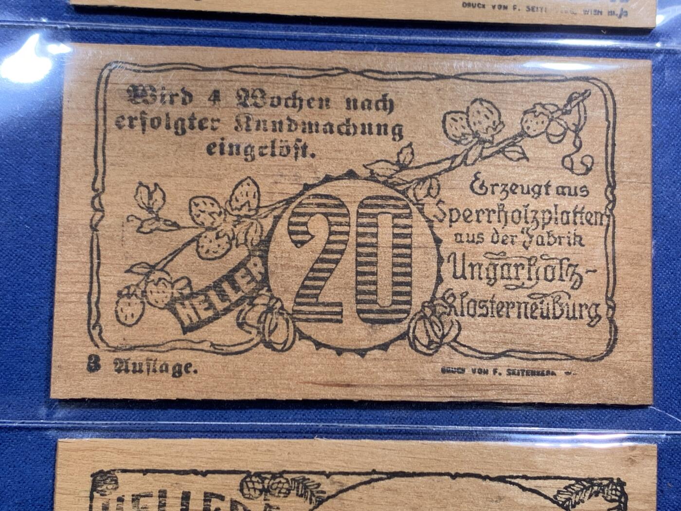 《竞宝斋》第463-465场 周日，周一，周二，3场连拍 （全场包邮）欢迎送拍 奥地利Hadersfeld哈德斯菲尔德，1920年10-20-50赫勒 木质紧急状态币 比较淡雅的为多字版，成套不易。年代久远，木头不易保存，如此品相的依然难得一见