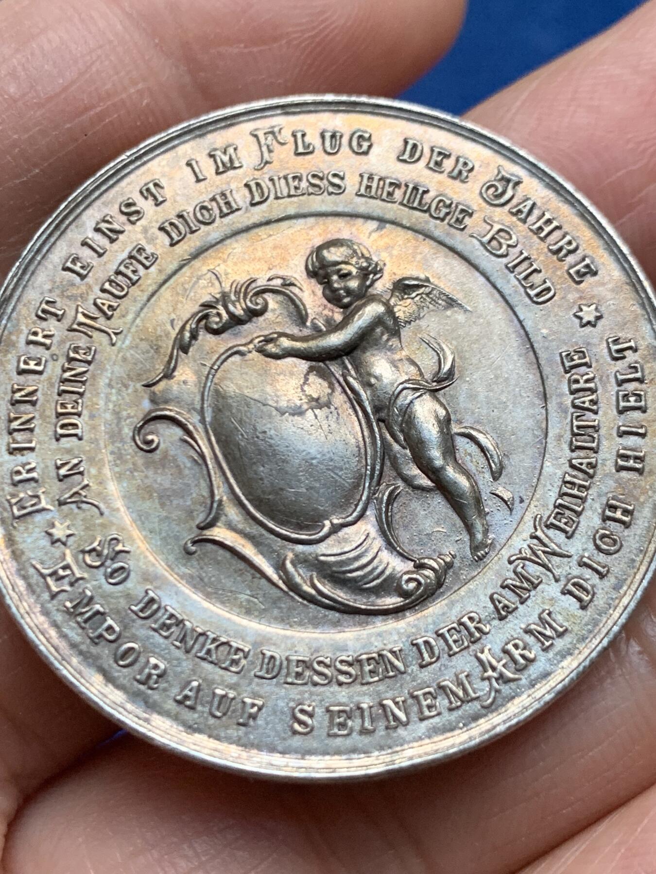 《竞宝斋》第463-465场 周日，周一，周二，3场连拍 （全场包邮）欢迎送拍 19世纪德国宗教洗礼大银章，正面圣子受洗图，38.8mm，24.3克