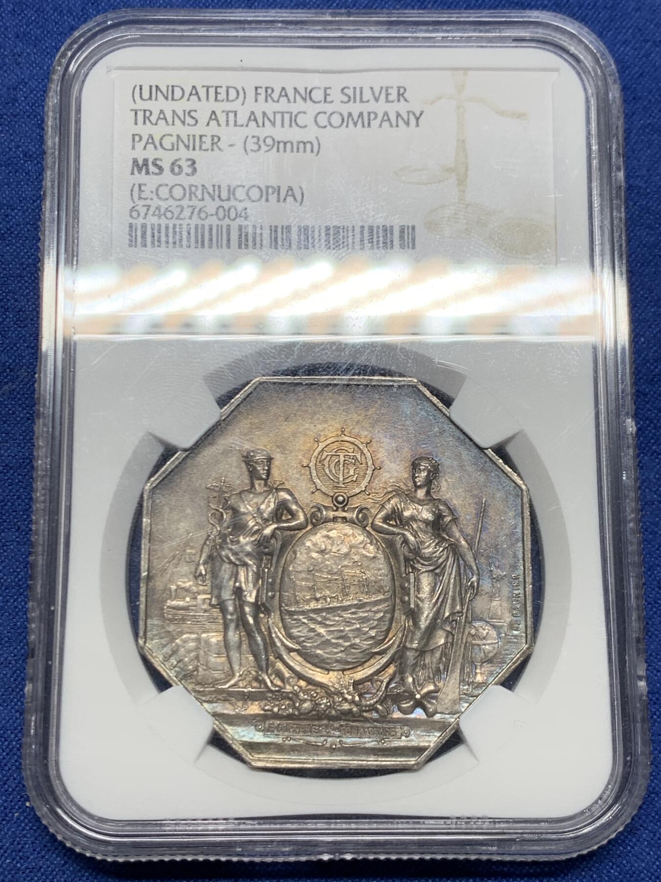 《竞宝斋》第463-465场 周日，周一，周二，3场连拍 （全场包邮）欢迎送拍 NGC MS63 法国跨大西洋邮政公司大型八角银质代币 包浆不错