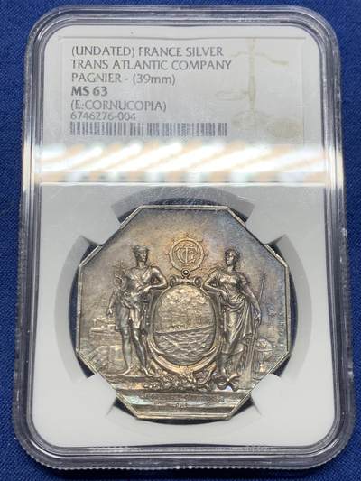 《竞宝斋》第463-465场 周日，周一，周二，3场连拍 （全场包邮）欢迎送拍 - NGC MS63 法国跨大西洋邮政公司大型八角银质代币 包浆不错