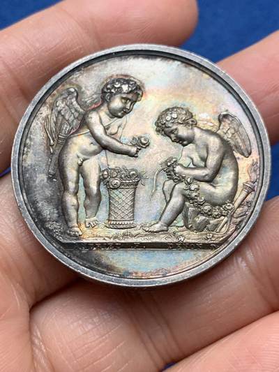 《竞宝斋》第463-465场 周日，周一，周二，3场连拍 （全场包邮）欢迎送拍 - 法国1814年双天使婚礼纪念银章 40.2mm 32.75g 早期无边铭 稀少品种 背刻花JFG AVM