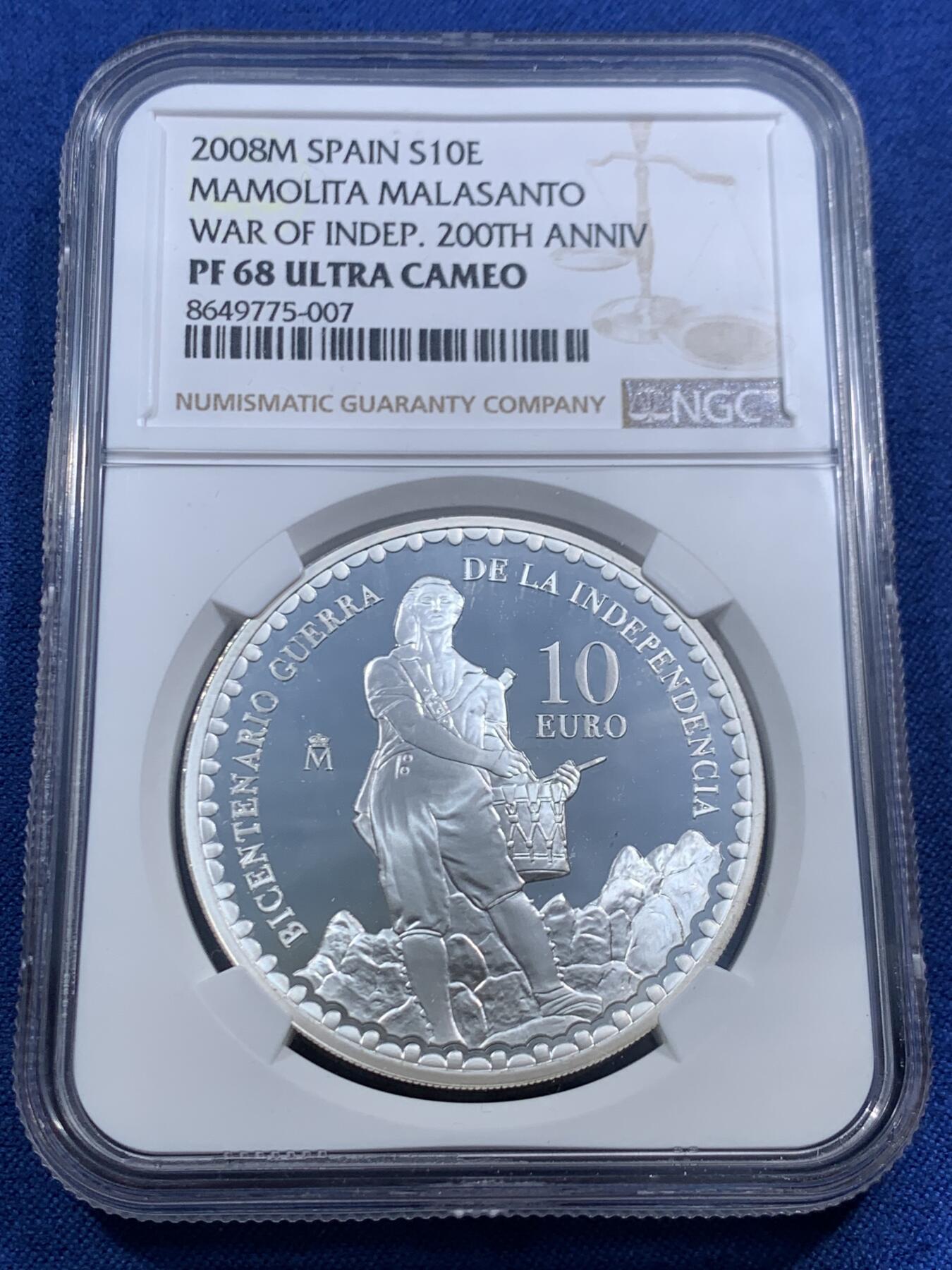 《竞宝斋》第463-465场 周日，周一，周二，3场连拍 （全场包邮）欢迎送拍 NGC PF68UC 西班牙2008年保卫国家战役胜利双面主题10欧精制纪念银币（27克，925银，币径40MM，限量发行12000枚，西班牙历史上反法战争纪念题材）
