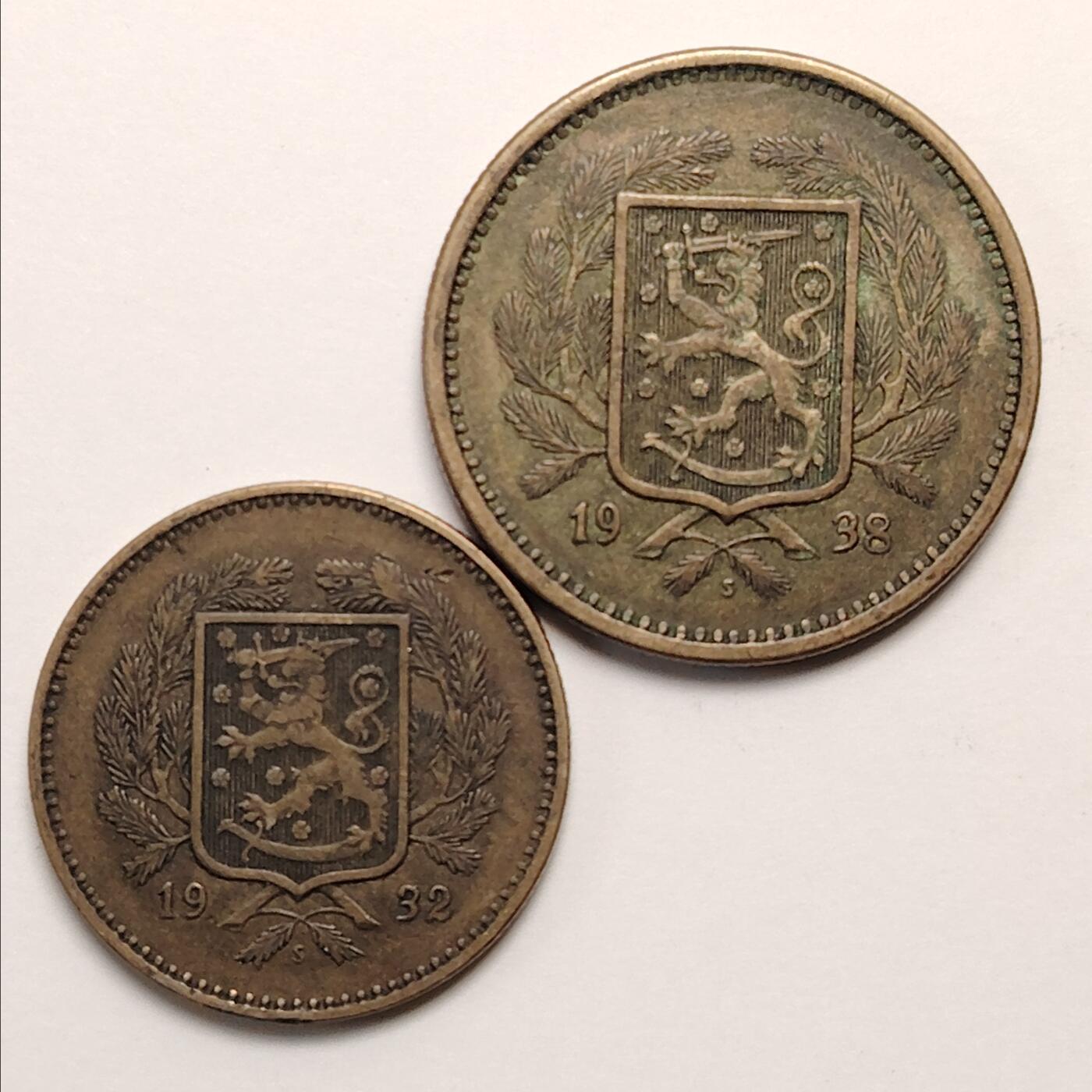 布加迪🐬～世界钱币(上海)🌾第 273 期 /  各国套币和散币 芬兰🇫🇮 1932/1938年 10/20马克铜币2枚 ~C18