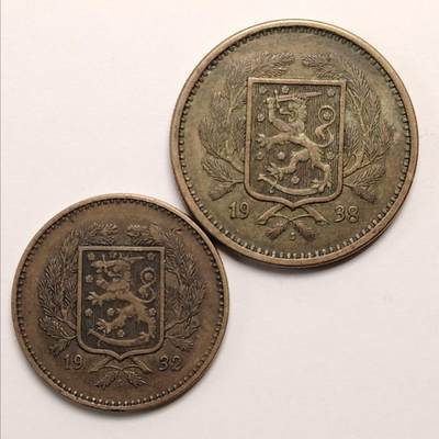 布加迪🐬～世界钱币(上海)🌾第 273 期 /  各国套币和散币 - 芬兰🇫🇮 1932/1938年 10/20马克铜币2枚 ~C18