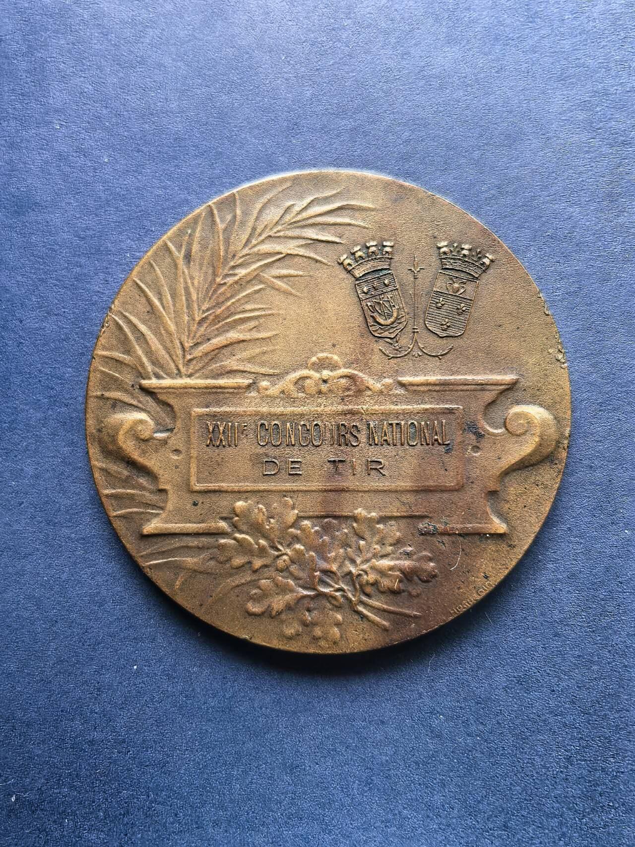 铜章专场 1919年法国铜章，22届射击节，直径4cm