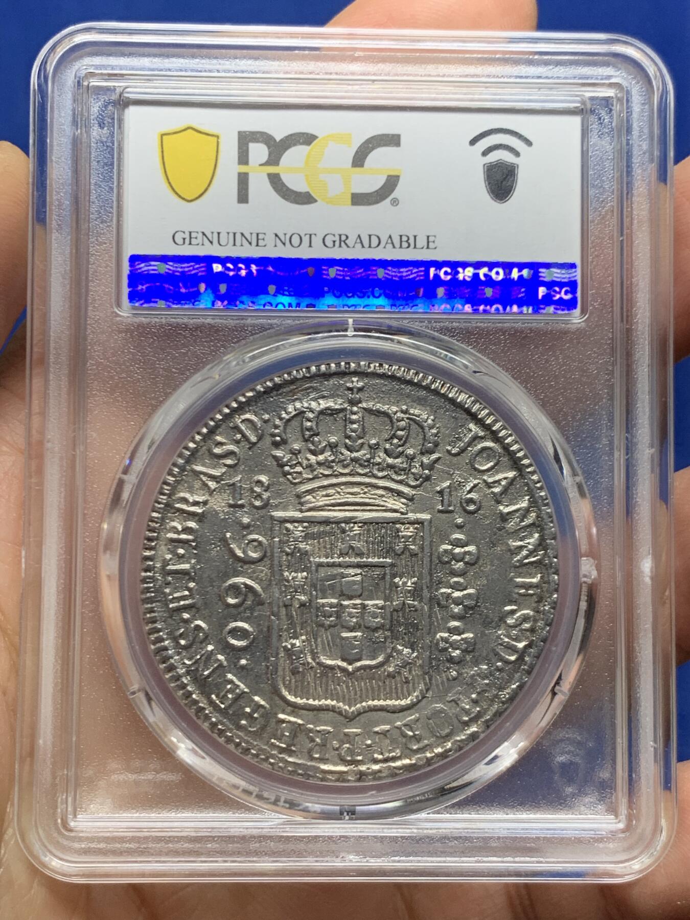 《竞宝斋》第463-465场 周日，周一，周二，3场连拍 （全场包邮）欢迎送拍 PCGS AUD 巴西1816年960R大银币，细节保存的很不错