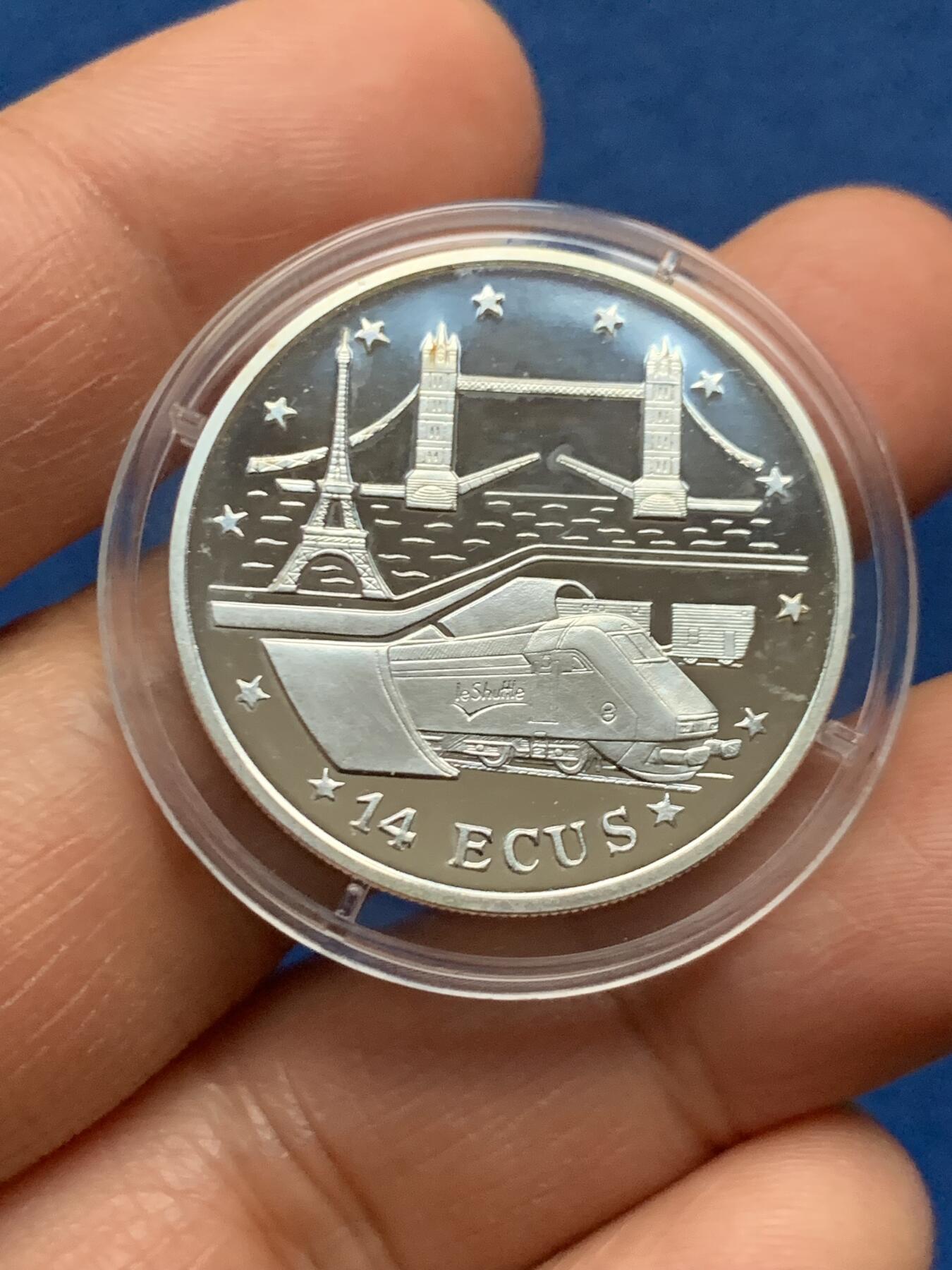 《竞宝斋》第463-465场 周日，周一，周二，3场连拍 （全场包邮）欢迎送拍 英国1994年纪念英法海底隧道开通14ecu精制银币 925银 10g