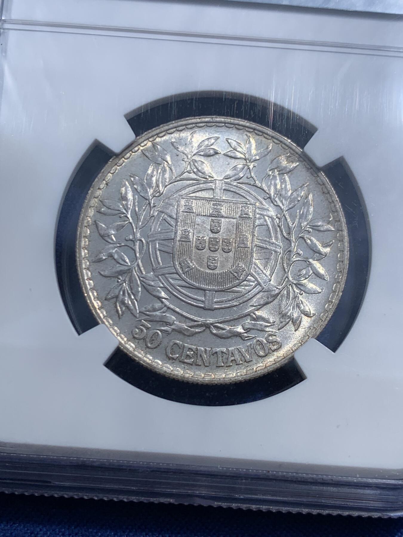 《竞宝斋》第463-465场 周日，周一，周二，3场连拍 （全场包邮）欢迎送拍 NGC MS62 葡萄牙1916年女神50分银币