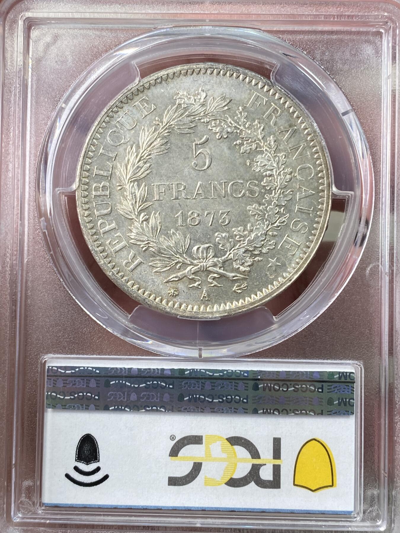 万国钱币拍卖第060期（万国六十期纪念大拍） PCGS MS65 1873法国大力神5法郎银币 经典品种 转光底板香槟金彩环绕 难得BU品质