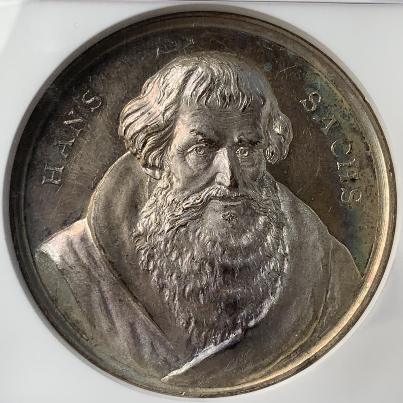 掌中浮雕-藏着的欧洲第052场 NGC MS61 : 1894年德国纽伦堡纪念汉斯·萨克斯诞辰400周年银章，45mm