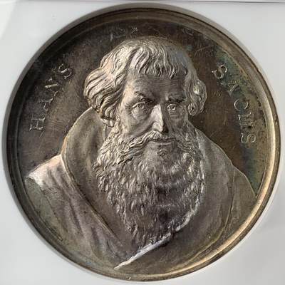 掌中浮雕-藏着的欧洲第052场 - NGC MS61 : 1894年德国纽伦堡纪念汉斯·萨克斯诞辰400周年银章，45mm