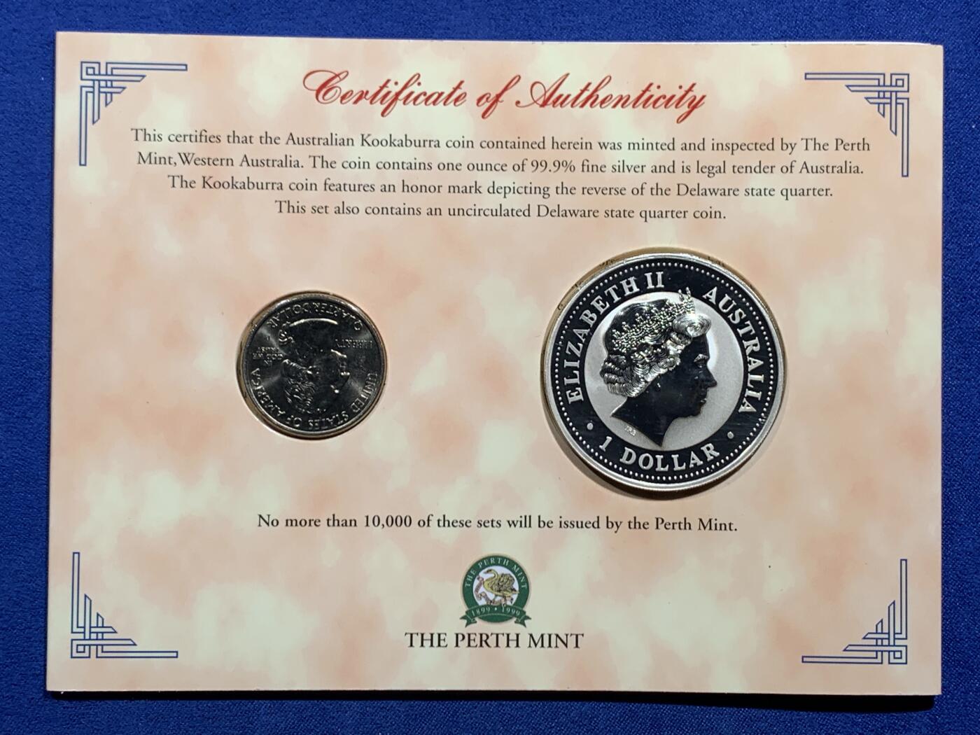 《竞宝斋》第463-465场 周日，周一，周二，3场连拍 （全场包邮）欢迎送拍 澳大利亚1999年1元和美国25美分银币套 笑翠鸟带特拉华州标记 1盎司999银 发行量1万 卡装