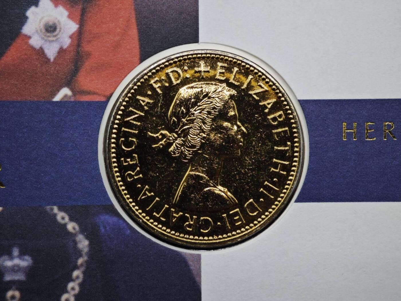 【淘币小摊】限时拍第八百六十二拍  克朗币邮币封场  满百包邮可预留两周  周一统一发货  英国1967年伊丽莎白二世一便士镀金铜币邮币封