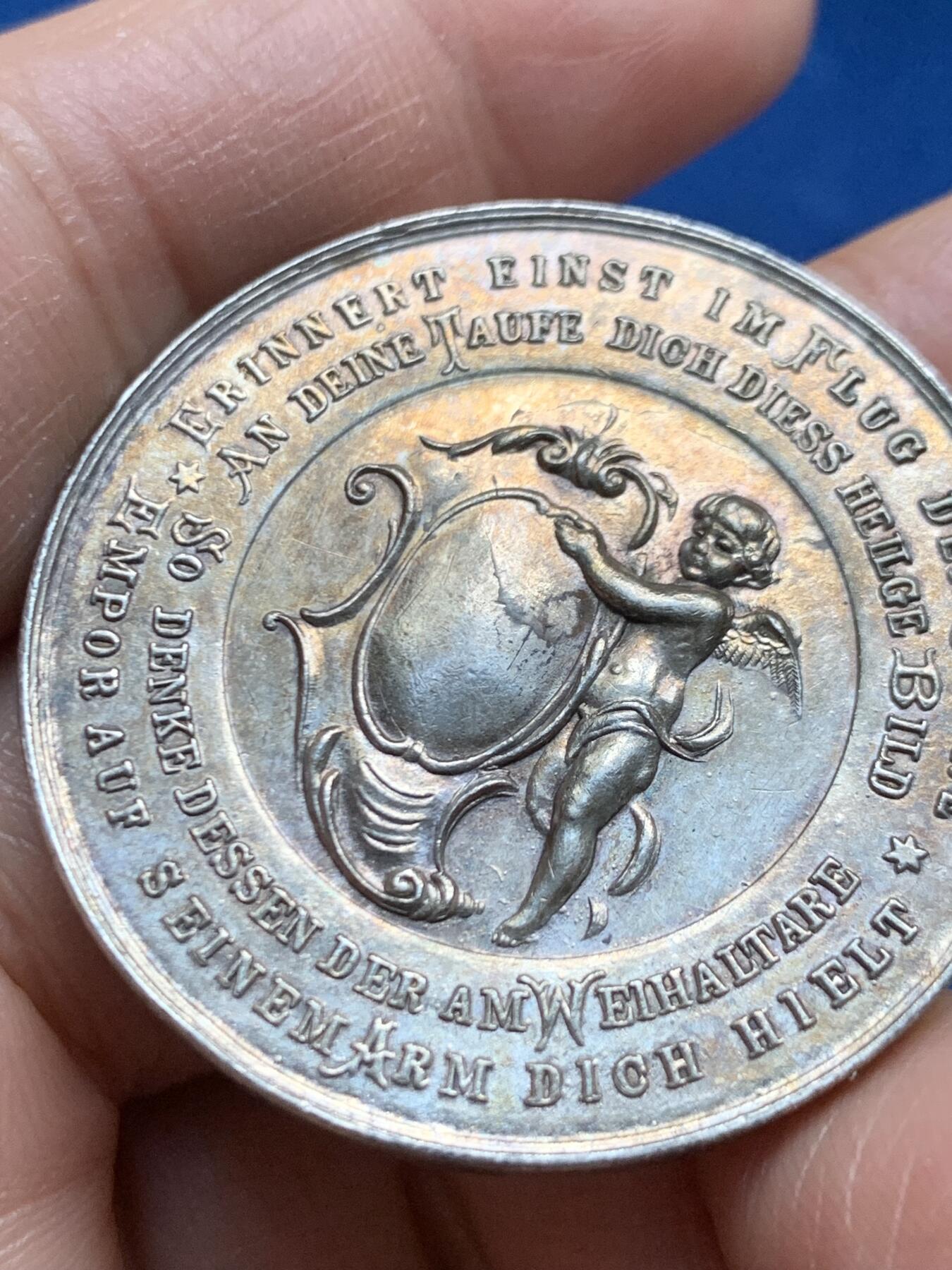 《竞宝斋》第463-465场 周日，周一，周二，3场连拍 （全场包邮）欢迎送拍 19世纪德国宗教洗礼大银章，正面圣子受洗图，38.8mm，24.3克