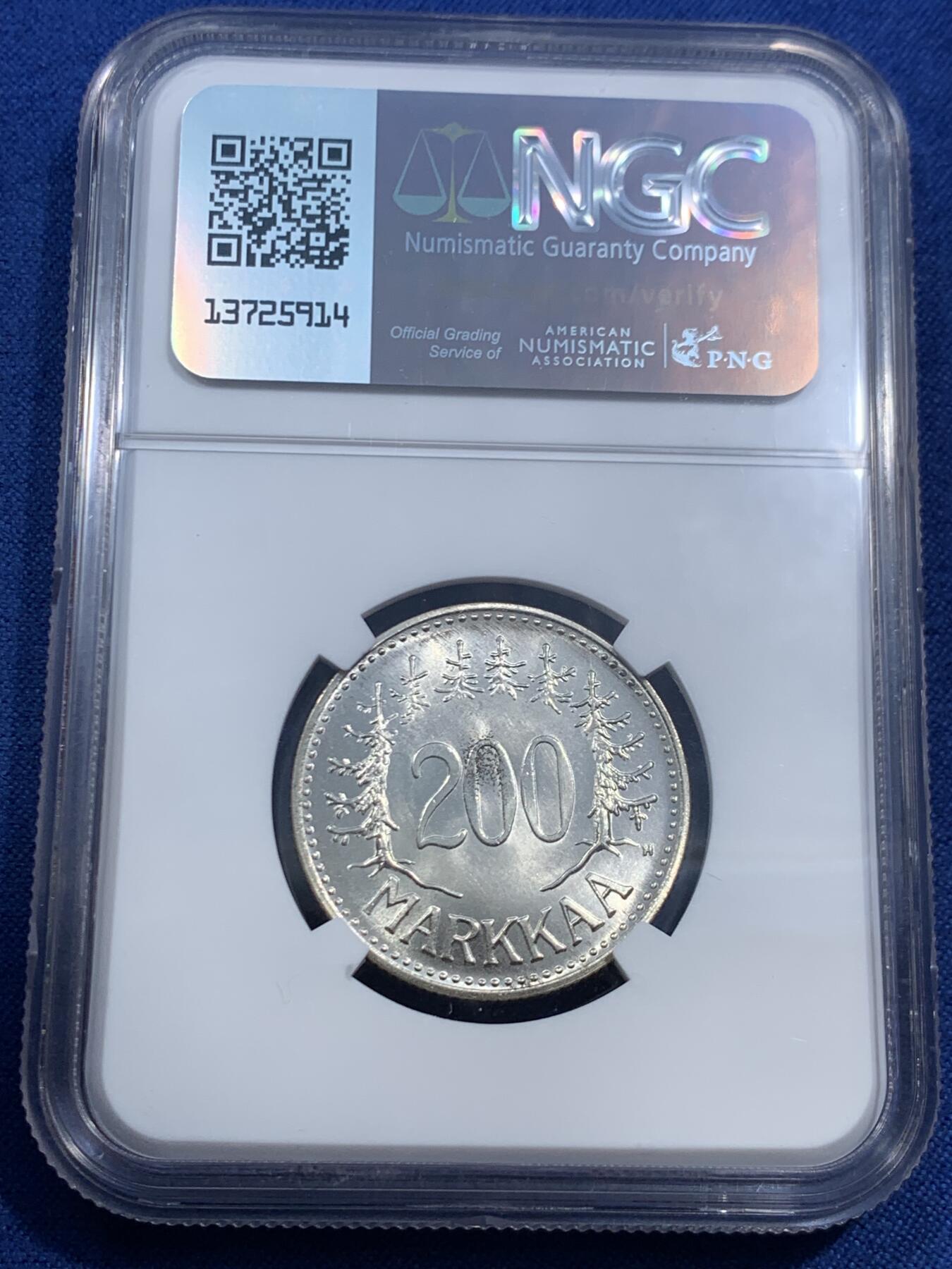 《竞宝斋》第463-465场 周日，周一，周二，3场连拍 （全场包邮）欢迎送拍 NGC MS65 芬兰1958年200马克银币 高分好品