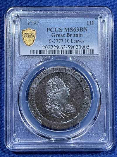 《竞宝斋》第463-465场 周日，周一，周二，3场连拍 （全场包邮）欢迎送拍 - PCGS MS63BN 英国1797年乔治三世车轮1便士铜币，底板镜面感觉状态非常好