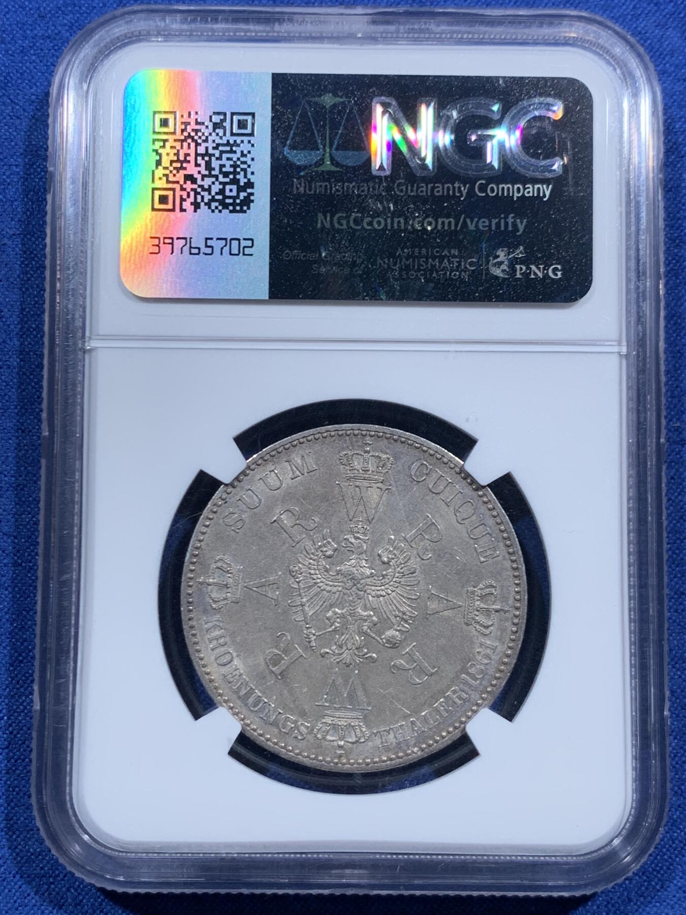 《竞宝斋》第463-465场 周日，周一，周二，3场连拍 （全场包邮）欢迎送拍 NGC MS61 德国普鲁士1861年威廉一世加冕纪念1泰勒银币