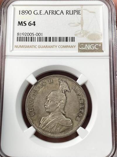 万国钱币拍卖第060期（万国六十期纪念大拍） - NGC MS64 1890德属东非威廉二世戎装1卢比 德属大热门品种 全深打原味五彩裹身 观感超越分数的典藏级品质