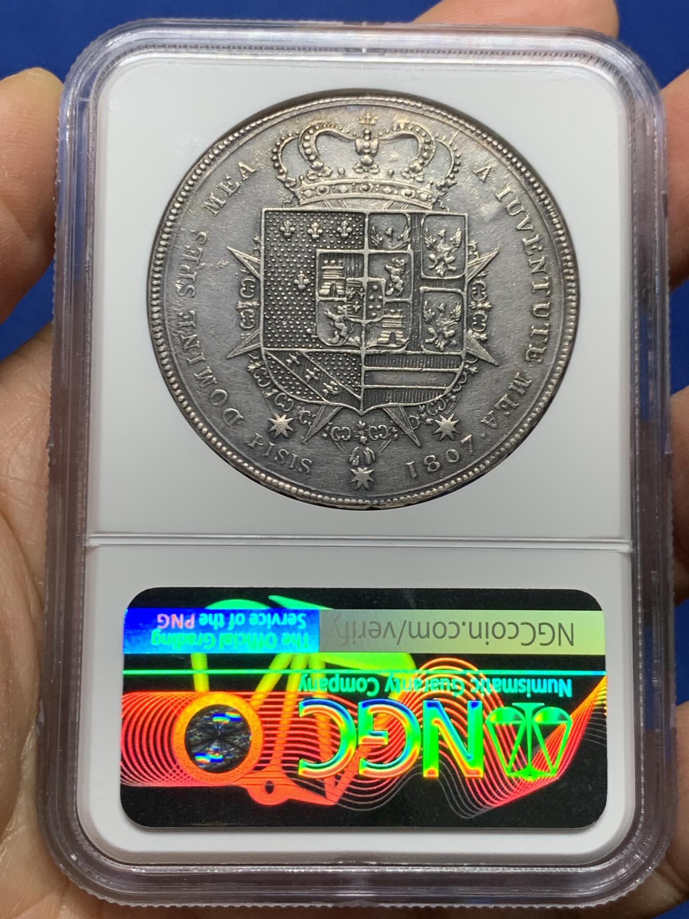 《竞宝斋》第463-465场 周日，周一，周二，3场连拍 （全场包邮）欢迎送拍 NGC AUD 意大利 托斯卡纳大公国 1807年 10P 银币 著名的母子大银 较为少见的面对面版 拿系币热门品种 打制清晰 细节见图