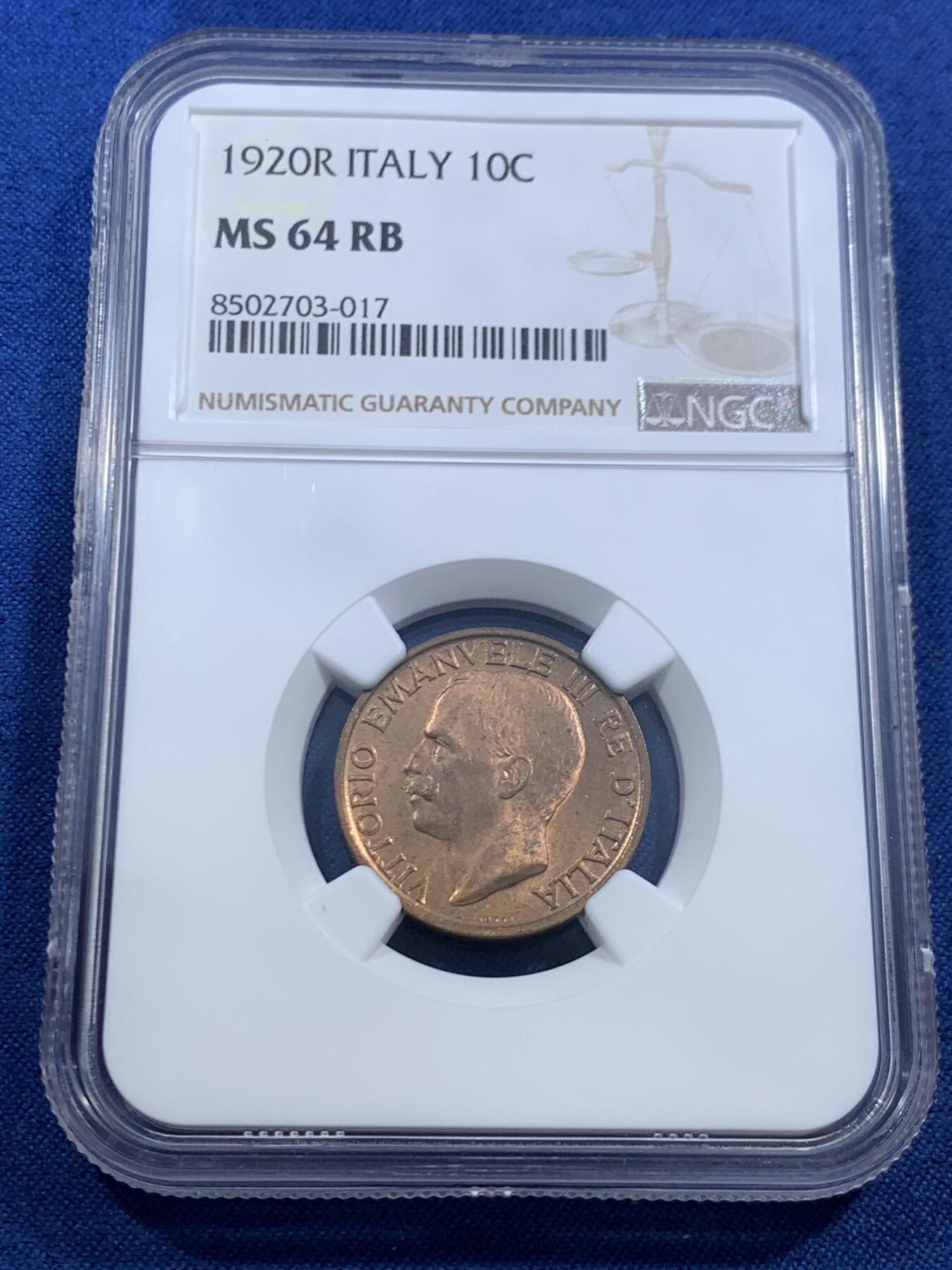 《竞宝斋》第463-465场 周日，周一，周二，3场连拍 （全场包邮）欢迎送拍 NGC MS64RB 意大利1920年小蜜蜂10分，古典主义风格代表作品，极美的设计，原铜光不容易