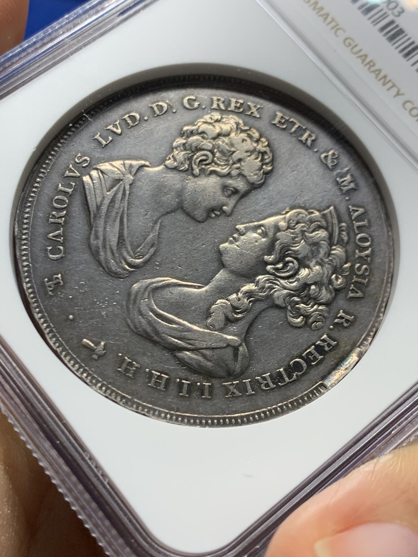 《竞宝斋》第463-465场 周日，周一，周二，3场连拍 （全场包邮）欢迎送拍 NGC AUD 意大利 托斯卡纳大公国 1807年 10P 银币 著名的母子大银 较为少见的面对面版 拿系币热门品种 打制清晰 细节见图